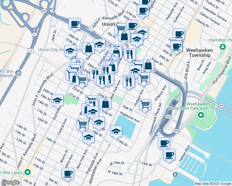 map of restaurants, bars, coffee shops, grocery stores, and more near 324 24th Street in Union City