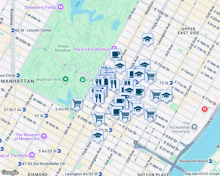map of restaurants, bars, coffee shops, grocery stores, and more near 37 East 65th Street in New York