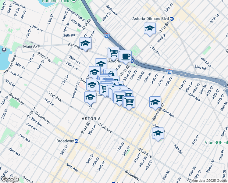 map of restaurants, bars, coffee shops, grocery stores, and more near 31-23 Newtown Avenue in Queens