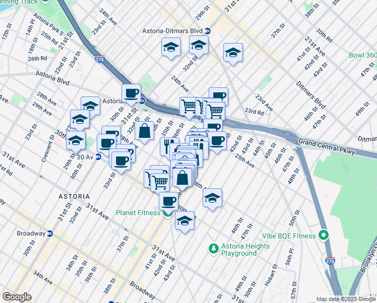 map of restaurants, bars, coffee shops, grocery stores, and more near 25-72 Steinway Street in Queens