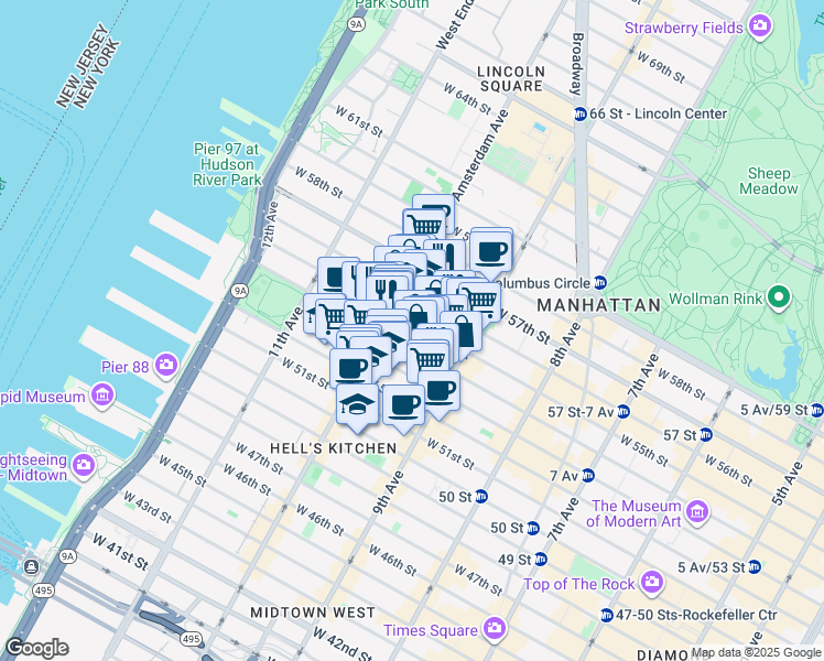 map of restaurants, bars, coffee shops, grocery stores, and more near 443 West 54th Street in New York