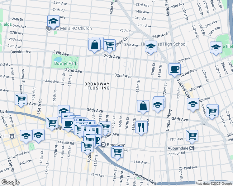 map of restaurants, bars, coffee shops, grocery stores, and more near 34-98 165th Street in Queens