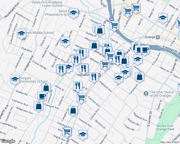 map of restaurants, bars, coffee shops, grocery stores, and more near 44 Stockman Street in West Orange