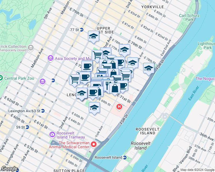 map of restaurants, bars, coffee shops, grocery stores, and more near 1330 1st Avenue in New York