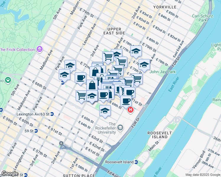 map of restaurants, bars, coffee shops, grocery stores, and more near 336 East 71st Street in New York