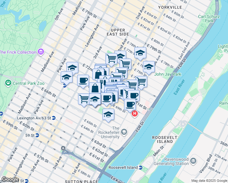 map of restaurants, bars, coffee shops, grocery stores, and more near 333 East 70th Street in New York