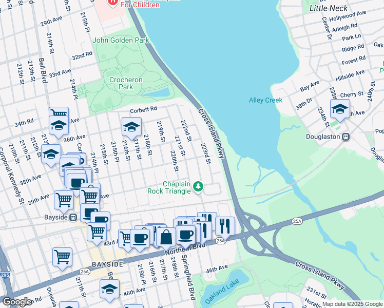 map of restaurants, bars, coffee shops, grocery stores, and more near 221-03 39th Avenue in Queens