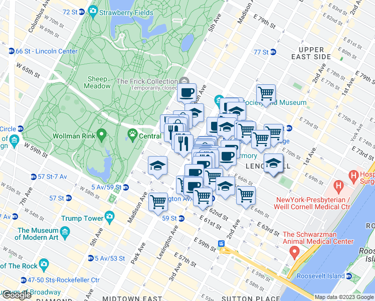 map of restaurants, bars, coffee shops, grocery stores, and more near in New York