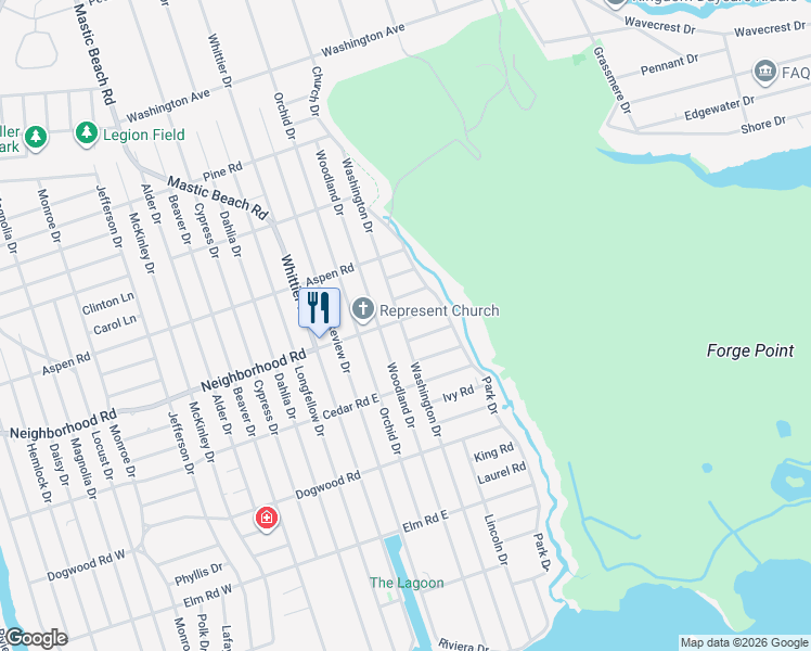 map of restaurants, bars, coffee shops, grocery stores, and more near 149 Washington Drive in Mastic Beach