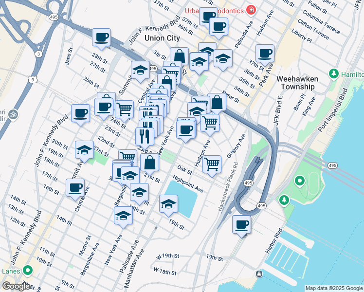 map of restaurants, bars, coffee shops, grocery stores, and more near 200 25th Street in Union City