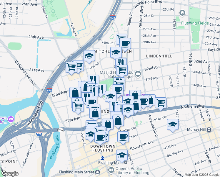 map of restaurants, bars, coffee shops, grocery stores, and more near 34th Ave & Leavitt St in Queens