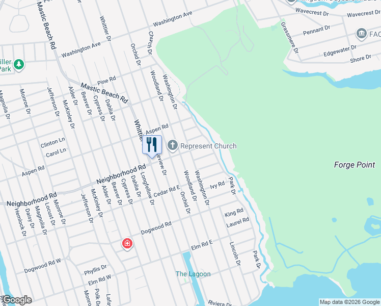 map of restaurants, bars, coffee shops, grocery stores, and more near 149 Washington Drive in Mastic Beach