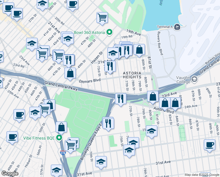 map of restaurants, bars, coffee shops, grocery stores, and more near 22-37 74th Street in Queens