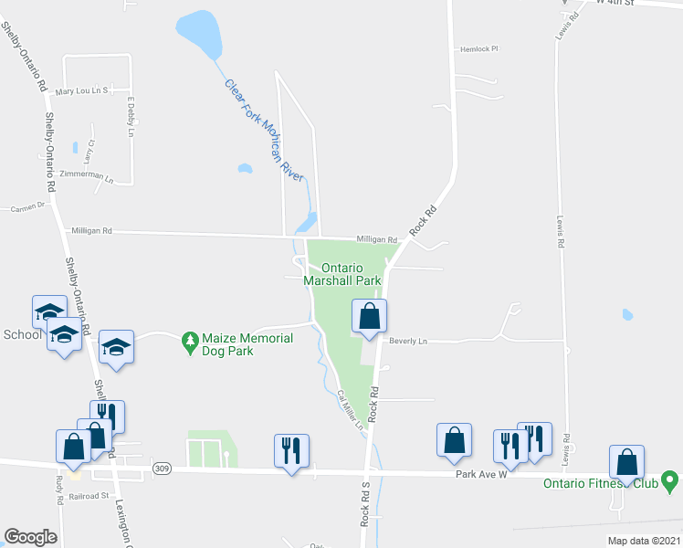 map of restaurants, bars, coffee shops, grocery stores, and more near 3375 Milligan Road in Ontario