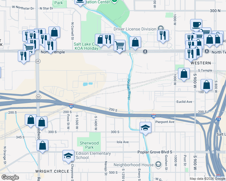 map of restaurants, bars, coffee shops, grocery stores, and more near 83 Navajo Street in Salt Lake City