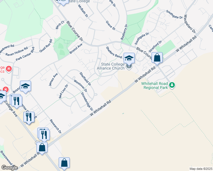 map of restaurants, bars, coffee shops, grocery stores, and more near 3221 Shellers Bend in State College