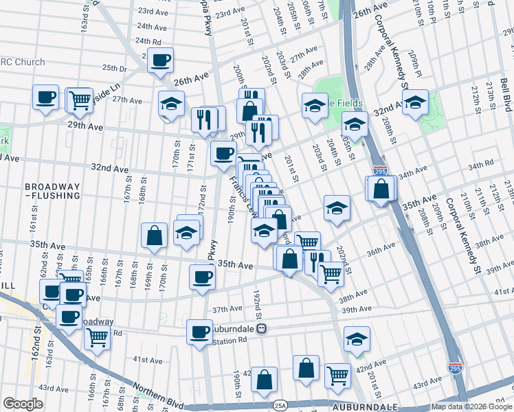 map of restaurants, bars, coffee shops, grocery stores, and more near 33-20 Jordan Street in Queens