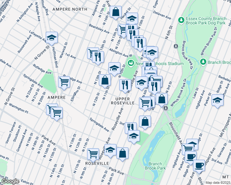 map of restaurants, bars, coffee shops, grocery stores, and more near 63-65 North 10th Street in Newark