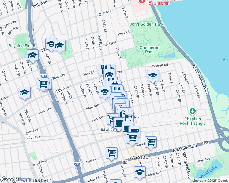 map of restaurants, bars, coffee shops, grocery stores, and more near 36-36 Bell Boulevard in Queens