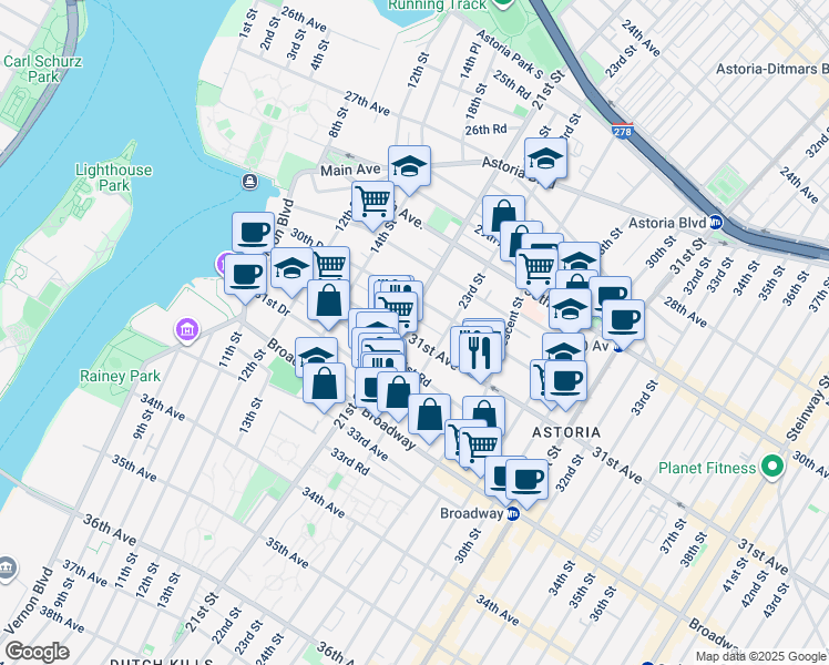 map of restaurants, bars, coffee shops, grocery stores, and more near 21-23 31st Avenue in Queens