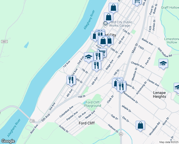 map of restaurants, bars, coffee shops, grocery stores, and more near 705 5th Avenue in Ford City