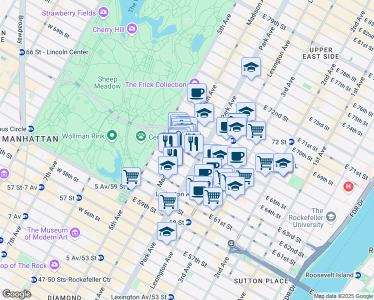 map of restaurants, bars, coffee shops, grocery stores, and more near 35 East 65th Street in New York