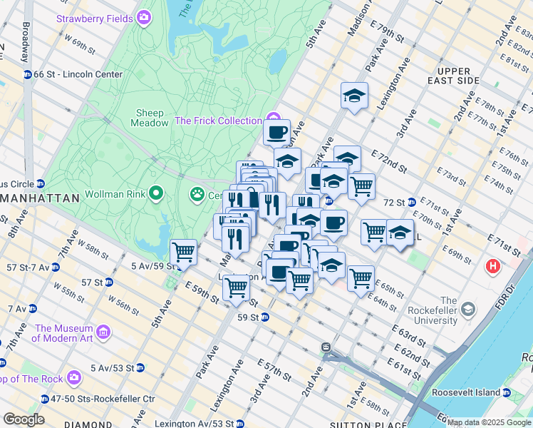 map of restaurants, bars, coffee shops, grocery stores, and more near 42A East 65th Street in New York