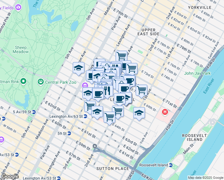 map of restaurants, bars, coffee shops, grocery stores, and more near 1175 3rd Avenue in New York