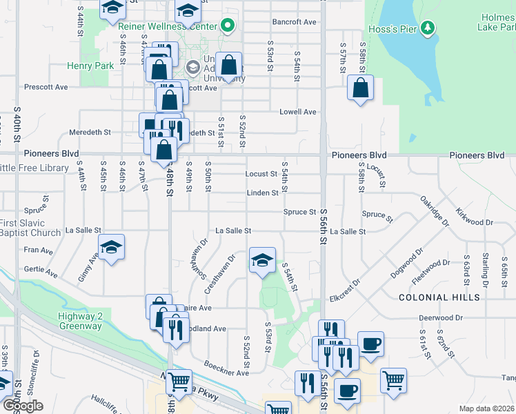 map of restaurants, bars, coffee shops, grocery stores, and more near 5237 Spruce Street in Lincoln