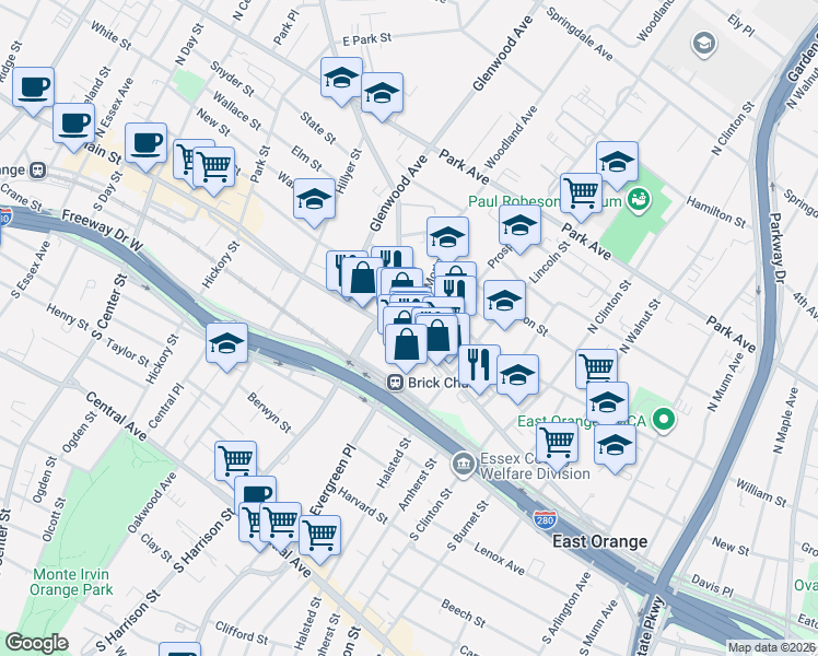 map of restaurants, bars, coffee shops, grocery stores, and more near 560 Main Street in East Orange