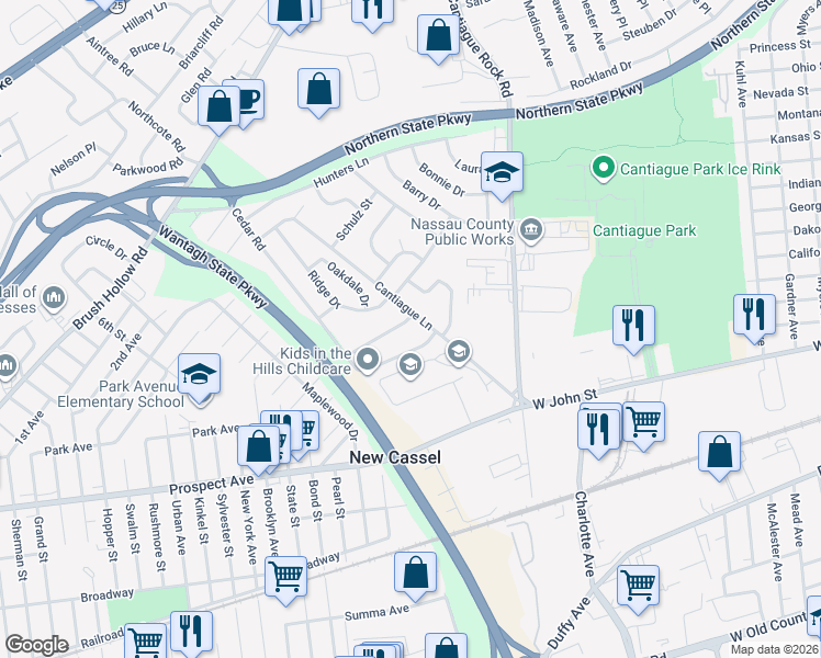 map of restaurants, bars, coffee shops, grocery stores, and more near 19 Pinetree Road in Westbury