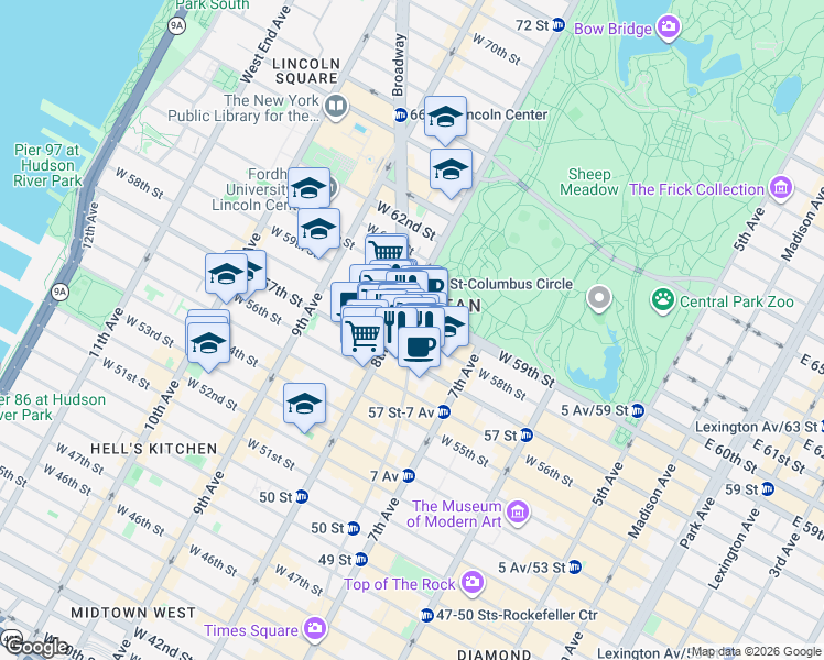 map of restaurants, bars, coffee shops, grocery stores, and more near 1789-1799 Broadway in New York