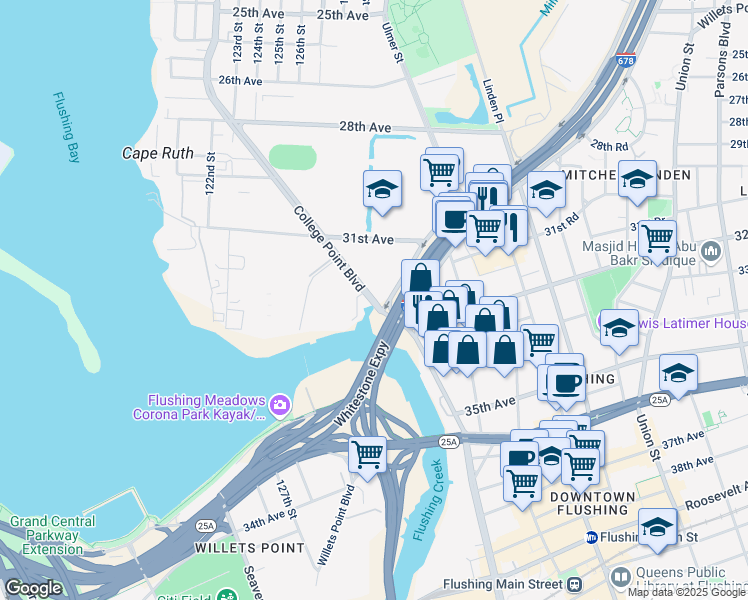 map of restaurants, bars, coffee shops, grocery stores, and more near College Point Boulevard in Queens