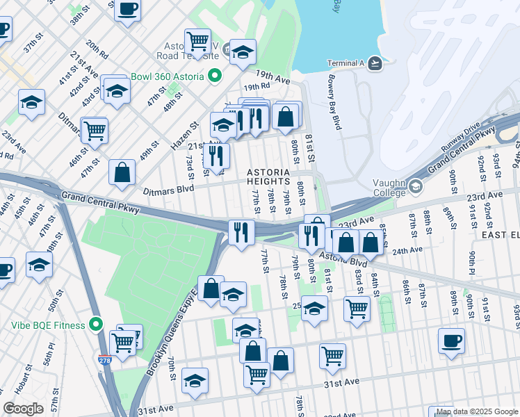 map of restaurants, bars, coffee shops, grocery stores, and more near in Queens