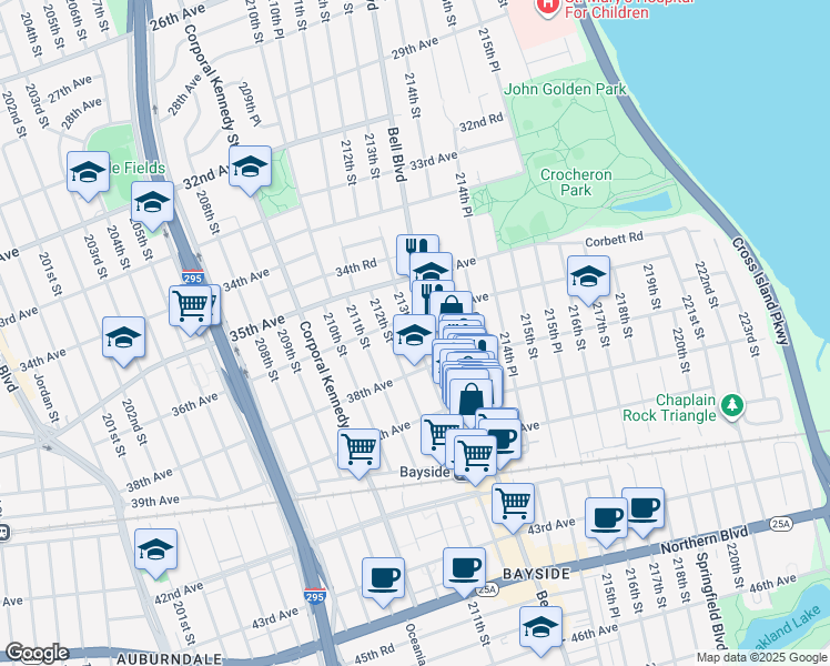 map of restaurants, bars, coffee shops, grocery stores, and more near 36-21 212th Street in Queens