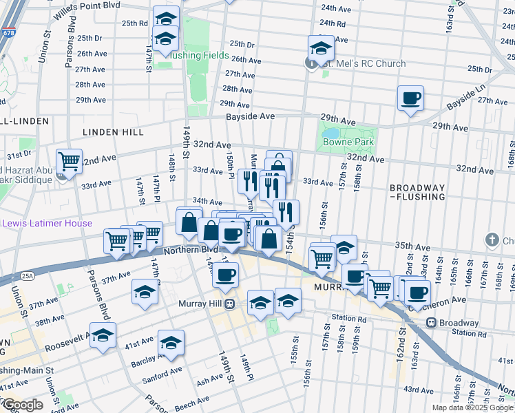 map of restaurants, bars, coffee shops, grocery stores, and more near 3412 Murray Lane in Queens