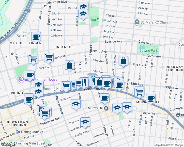 map of restaurants, bars, coffee shops, grocery stores, and more near 34-13 149th Place in Queens