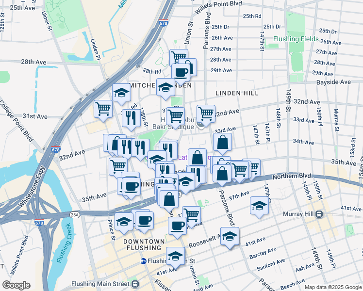 map of restaurants, bars, coffee shops, grocery stores, and more near 33-33 Union Street in Queens