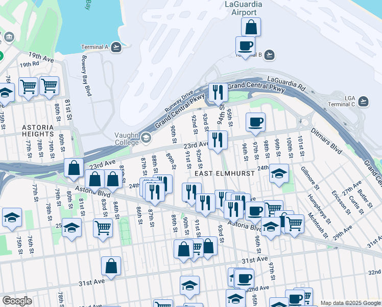 map of restaurants, bars, coffee shops, grocery stores, and more near 23-34 92nd Street in Queens