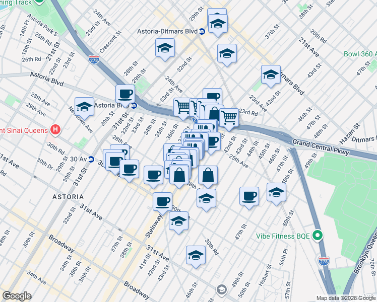 map of restaurants, bars, coffee shops, grocery stores, and more near 81 Steinway Street in Queens