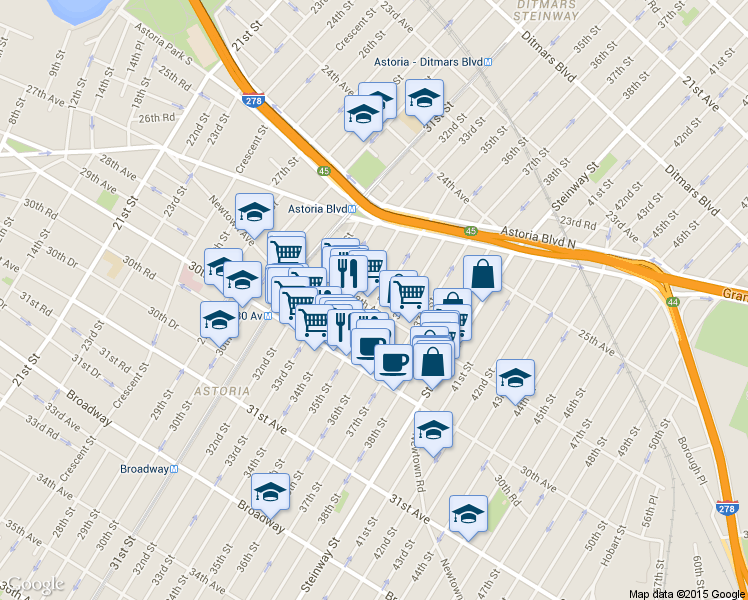 map of restaurants, bars, coffee shops, grocery stores, and more near 28-8 35th Street in Queens