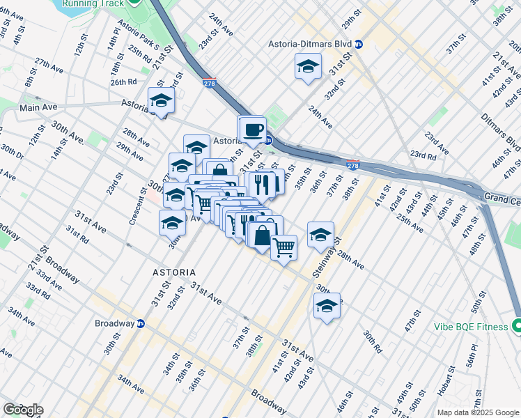 map of restaurants, bars, coffee shops, grocery stores, and more near 28-16 34th Street in Queens