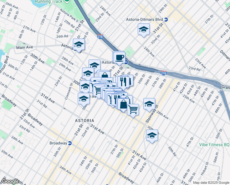map of restaurants, bars, coffee shops, grocery stores, and more near 28-19 33rd Street in Queens