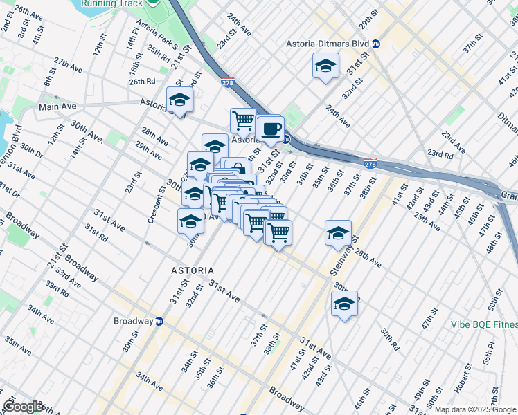 map of restaurants, bars, coffee shops, grocery stores, and more near 31-23 Newtown Avenue in Queens