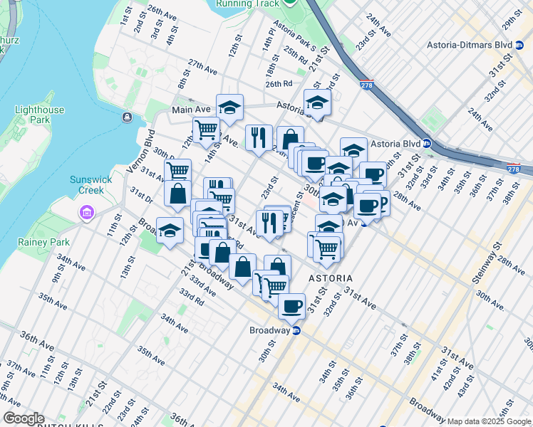 map of restaurants, bars, coffee shops, grocery stores, and more near 23-18 30th Drive in Queens