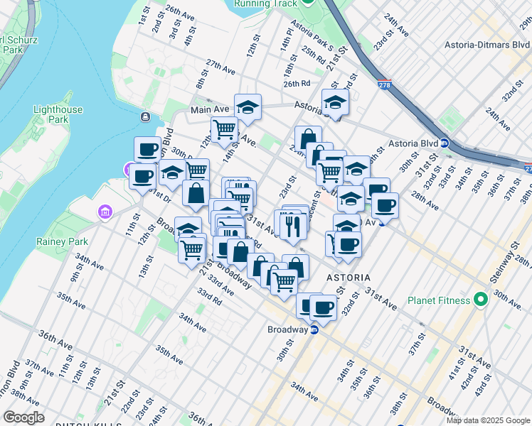map of restaurants, bars, coffee shops, grocery stores, and more near 21-23 31st Avenue in Queens