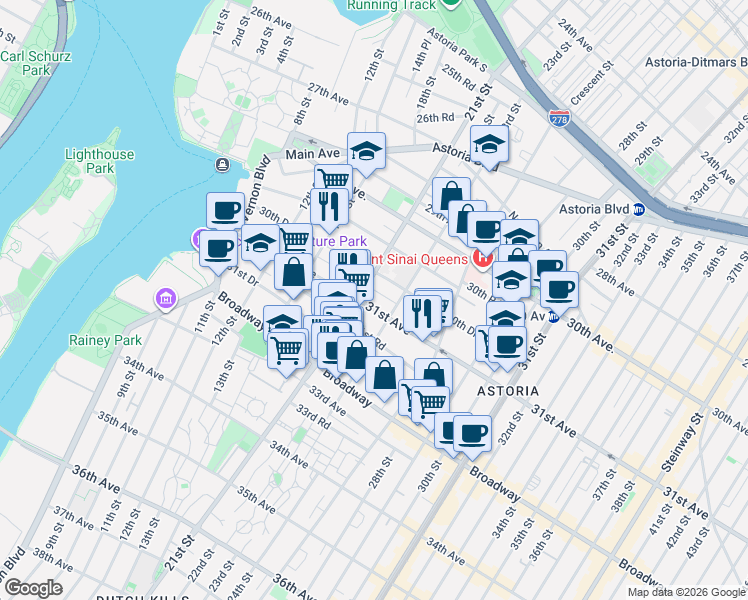 map of restaurants, bars, coffee shops, grocery stores, and more near 21-23 31st Avenue in Queens