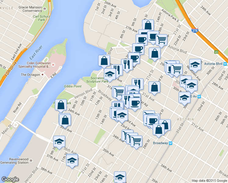 map of restaurants, bars, coffee shops, grocery stores, and more near 31-50 14th Street in Queens