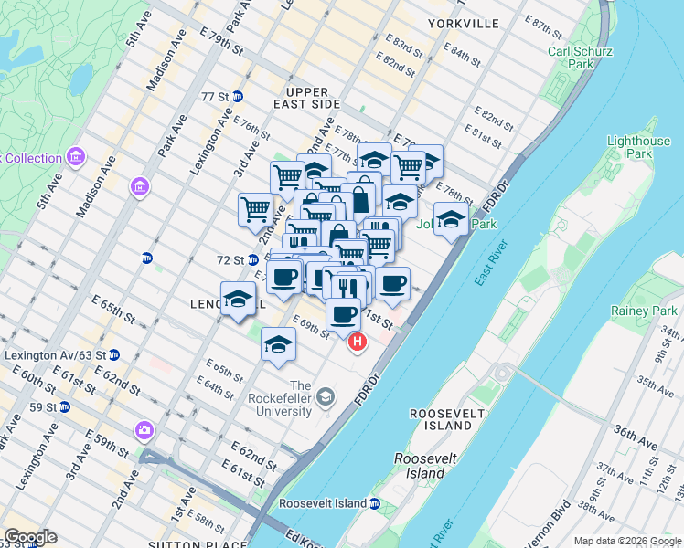 map of restaurants, bars, coffee shops, grocery stores, and more near 1334 York Avenue in New York