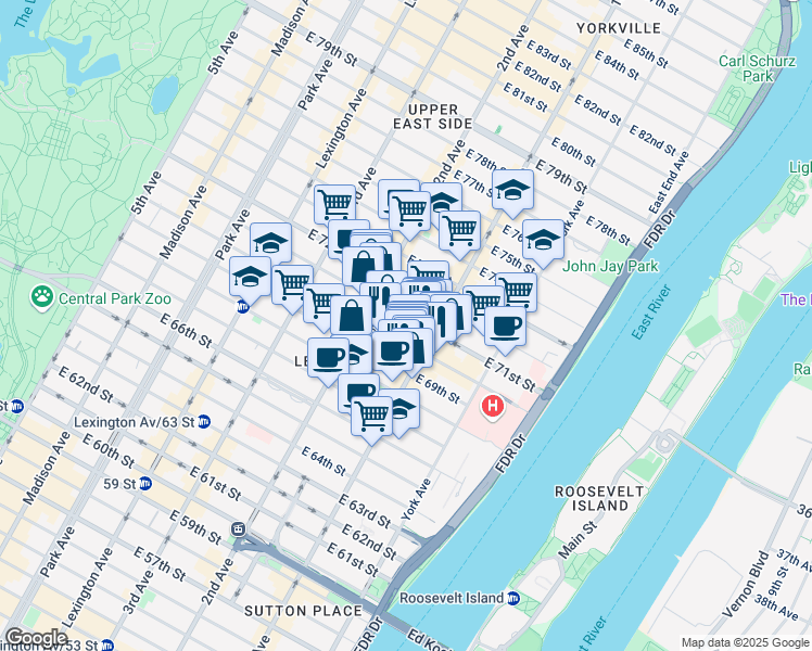 map of restaurants, bars, coffee shops, grocery stores, and more near 333 East 70th Street in New York